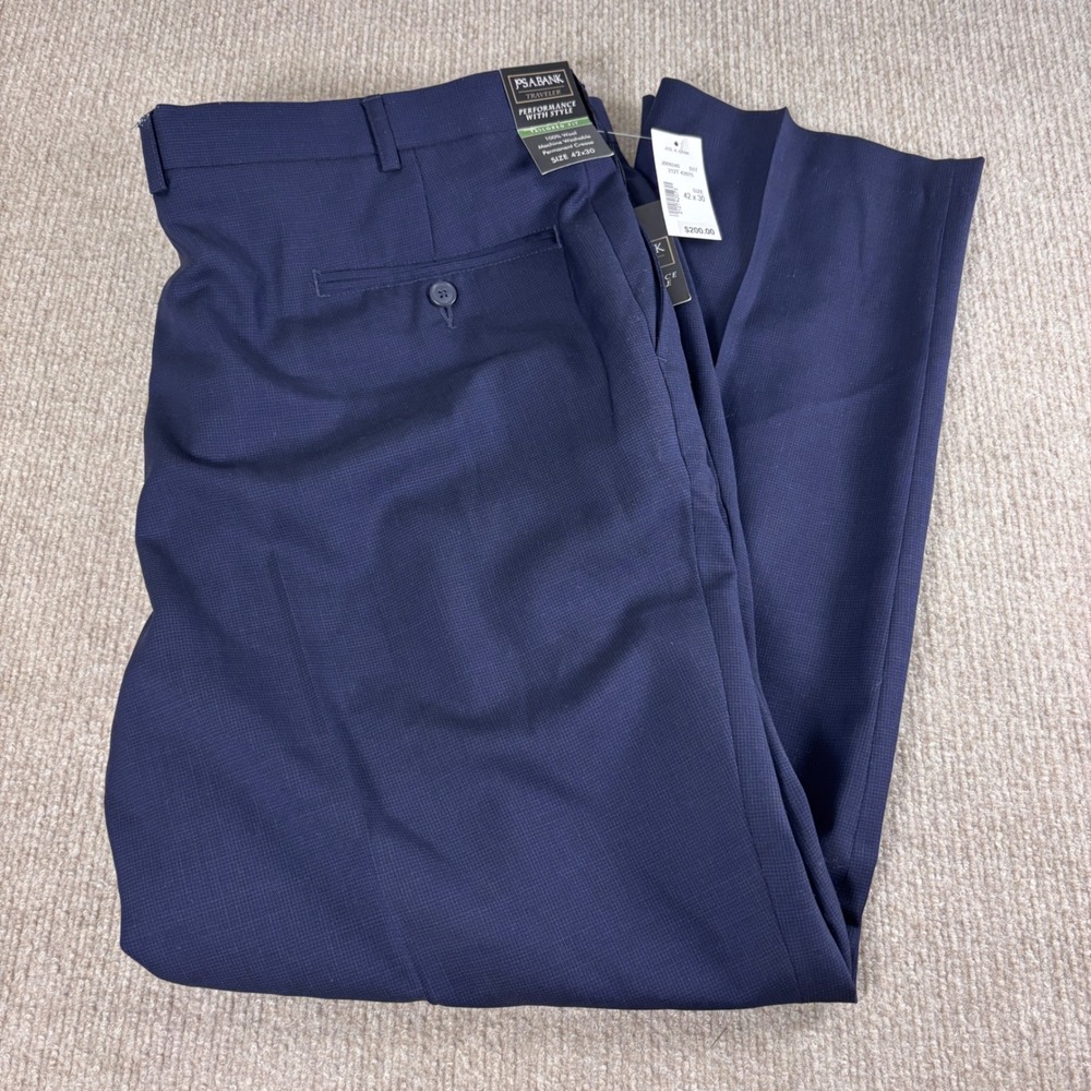 Jos A Bank Traveler Tailored Fit Washable Wool Dress Pants Navy Blue 42x30 NWT